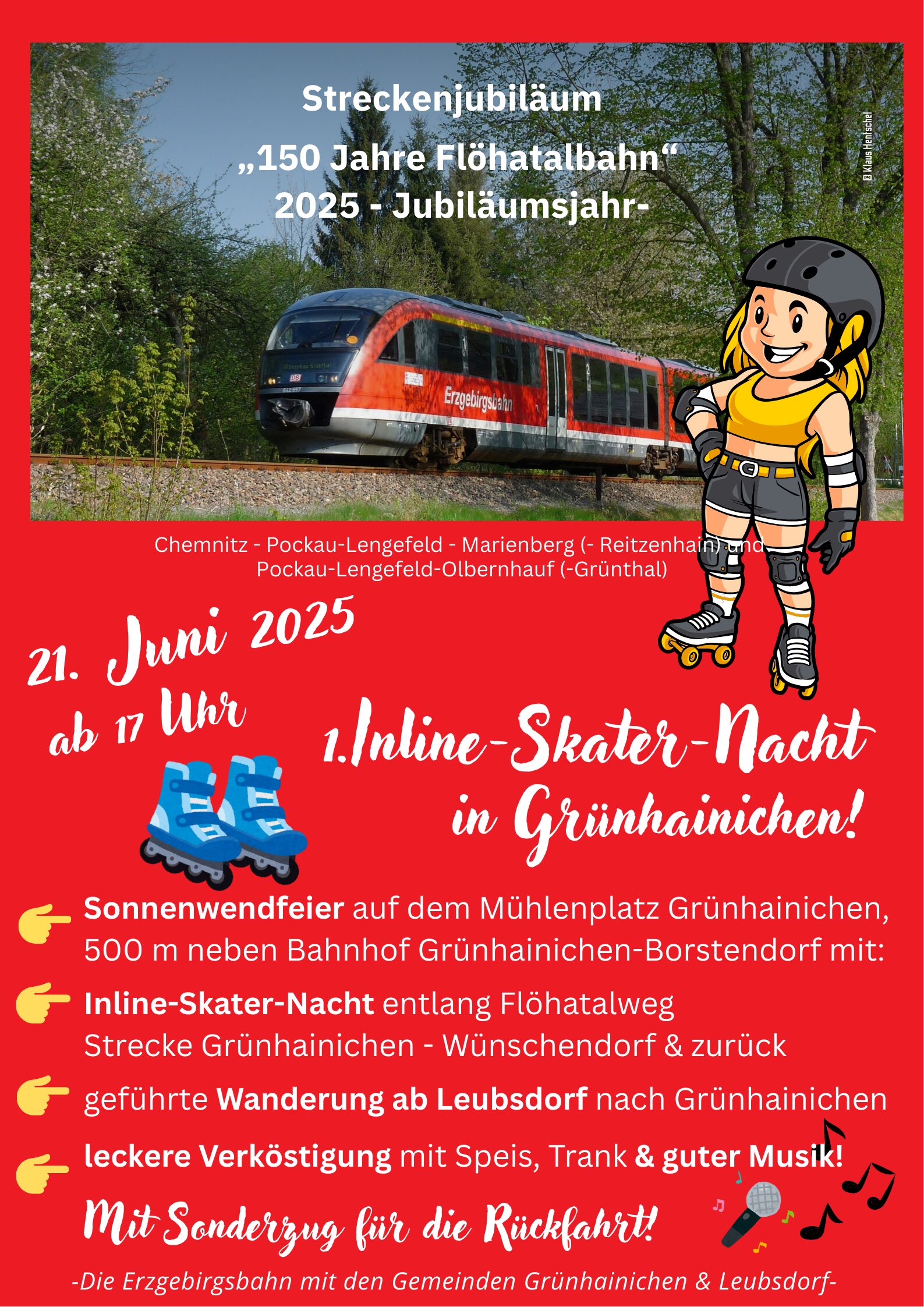 150 Jahre Flöhatalbahn - Fest unweit vom Bahnhof Grünhainichen-Borstendorf mit INLINESKATER-NACHT am 21.06.2025